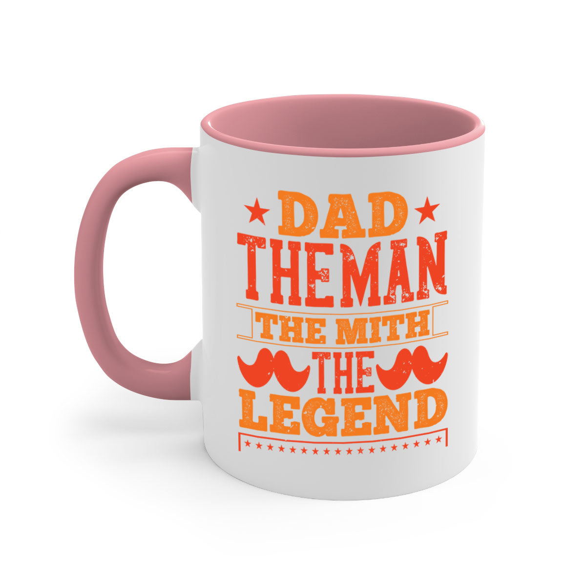 Ceramic coffee mug featuring 'Dad the Man the Myth the Legend' design with a glossy finish and colored handle.