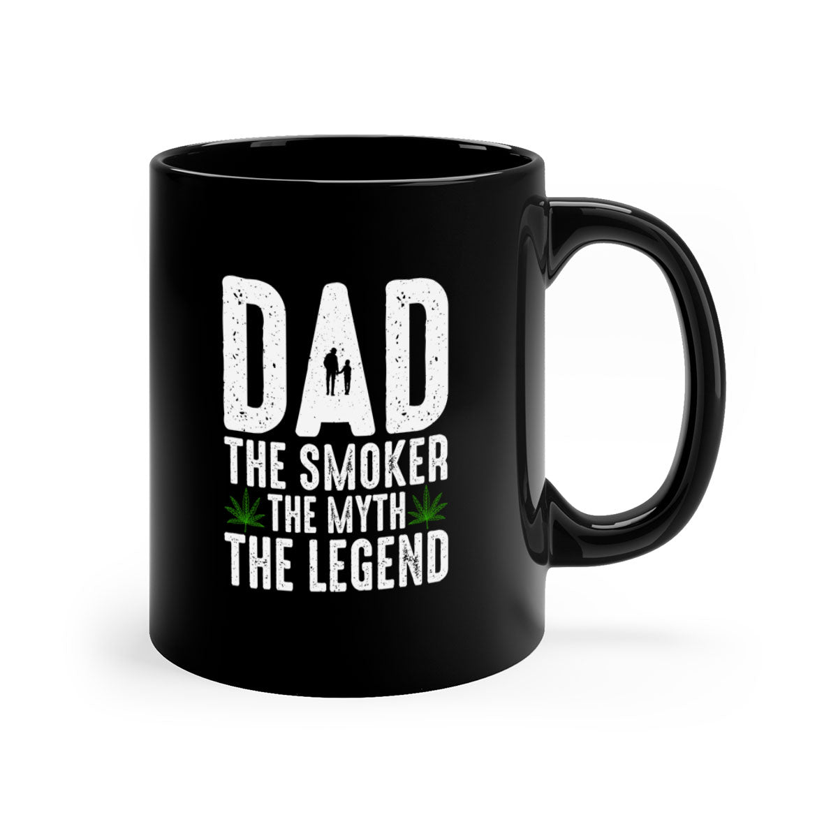 Ceramic coffee mug featuring 'Dad the Smoker, the Myth, the Legend' design with a glossy finish and colorful handle.