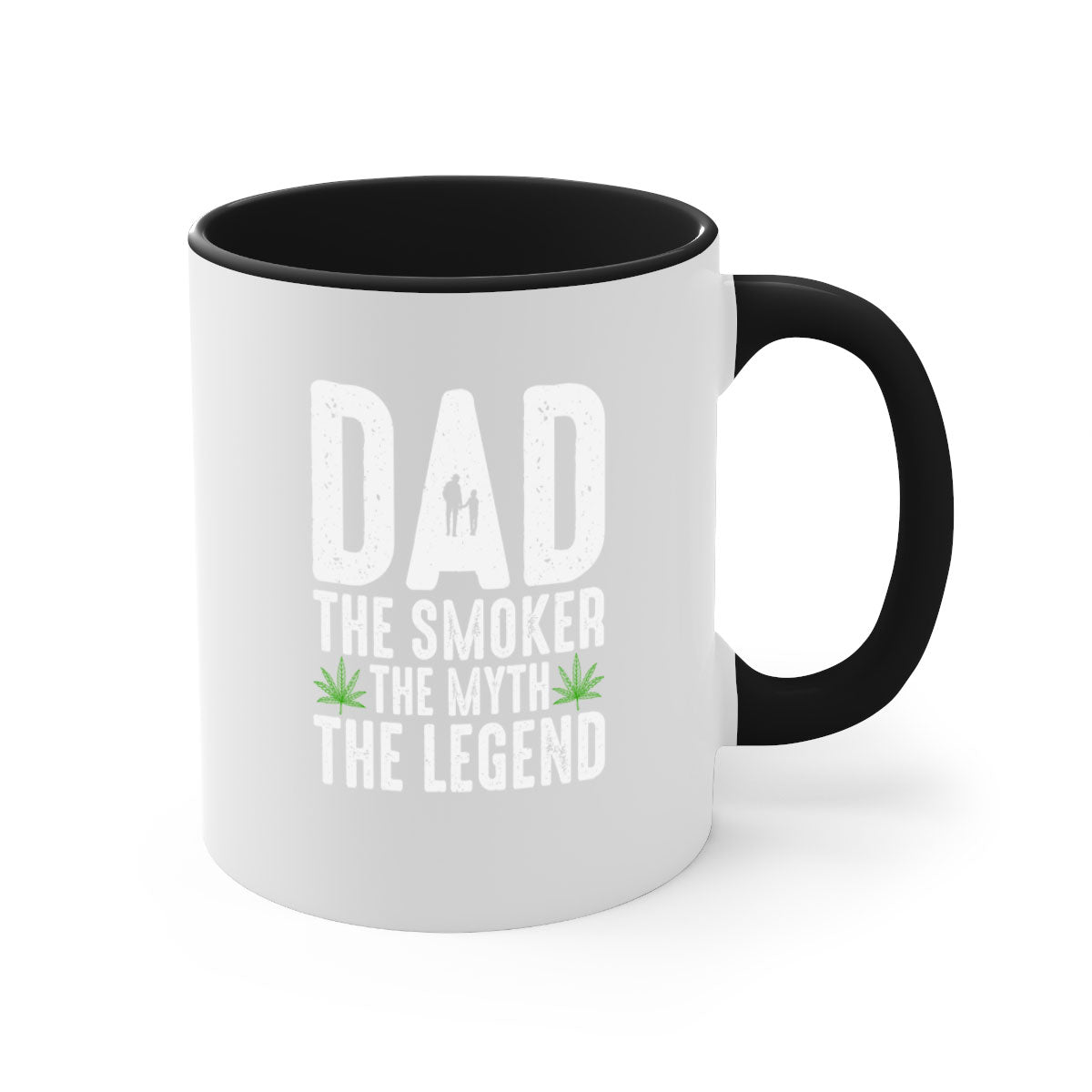 Ceramic coffee mug featuring 'Dad the Smoker, the Myth, the Legend' design with a glossy finish and colorful handle.