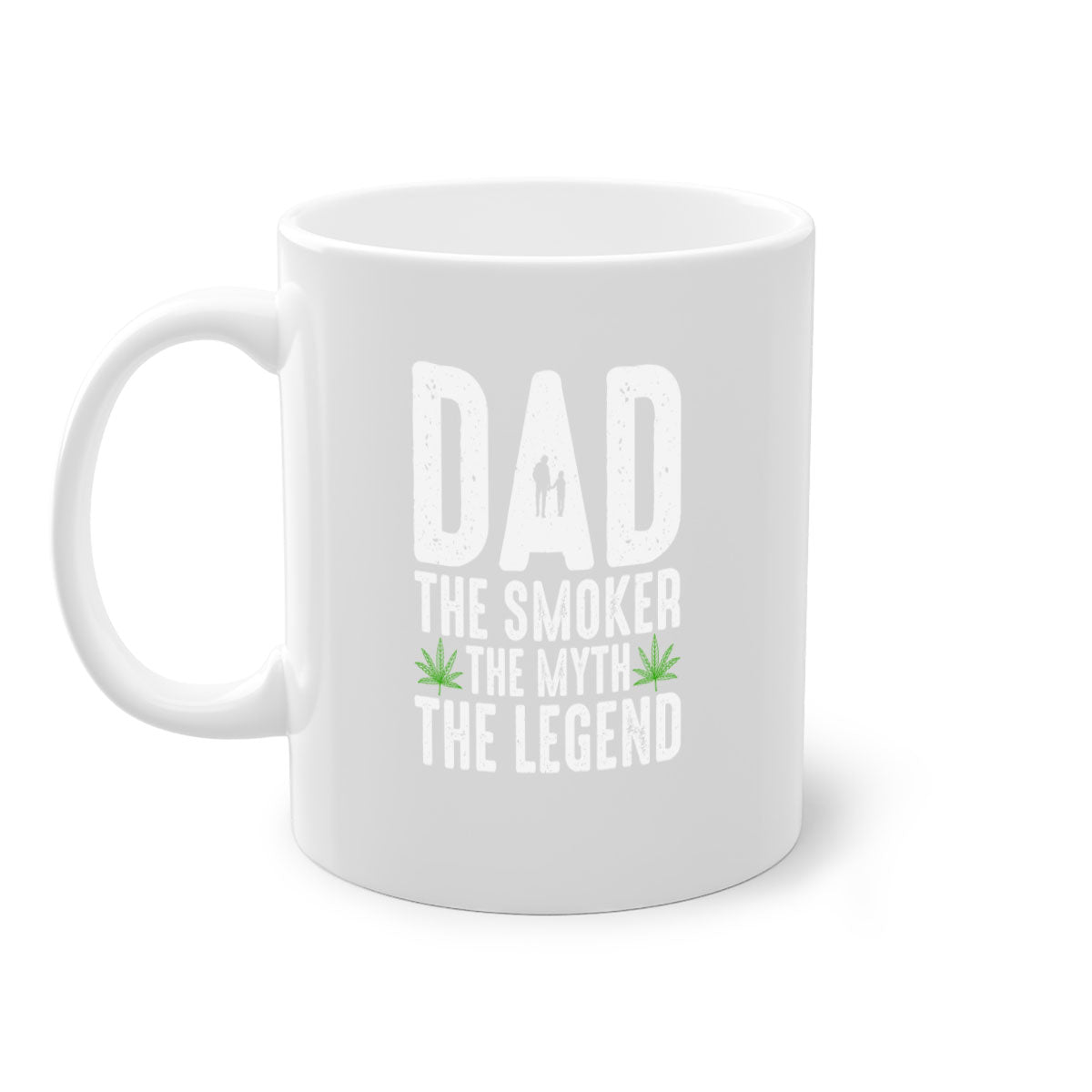 Ceramic coffee mug featuring 'Dad the Smoker, the Myth, the Legend' design with a glossy finish and colorful handle.