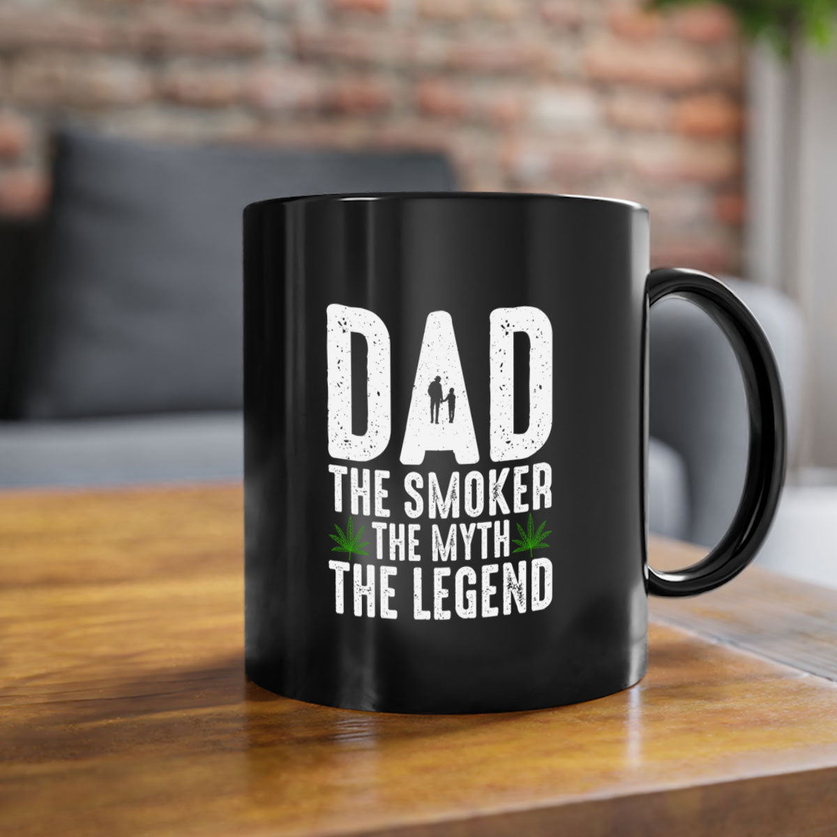 Ceramic coffee mug featuring 'Dad the Smoker, the Myth, the Legend' design with a glossy finish and colorful handle.