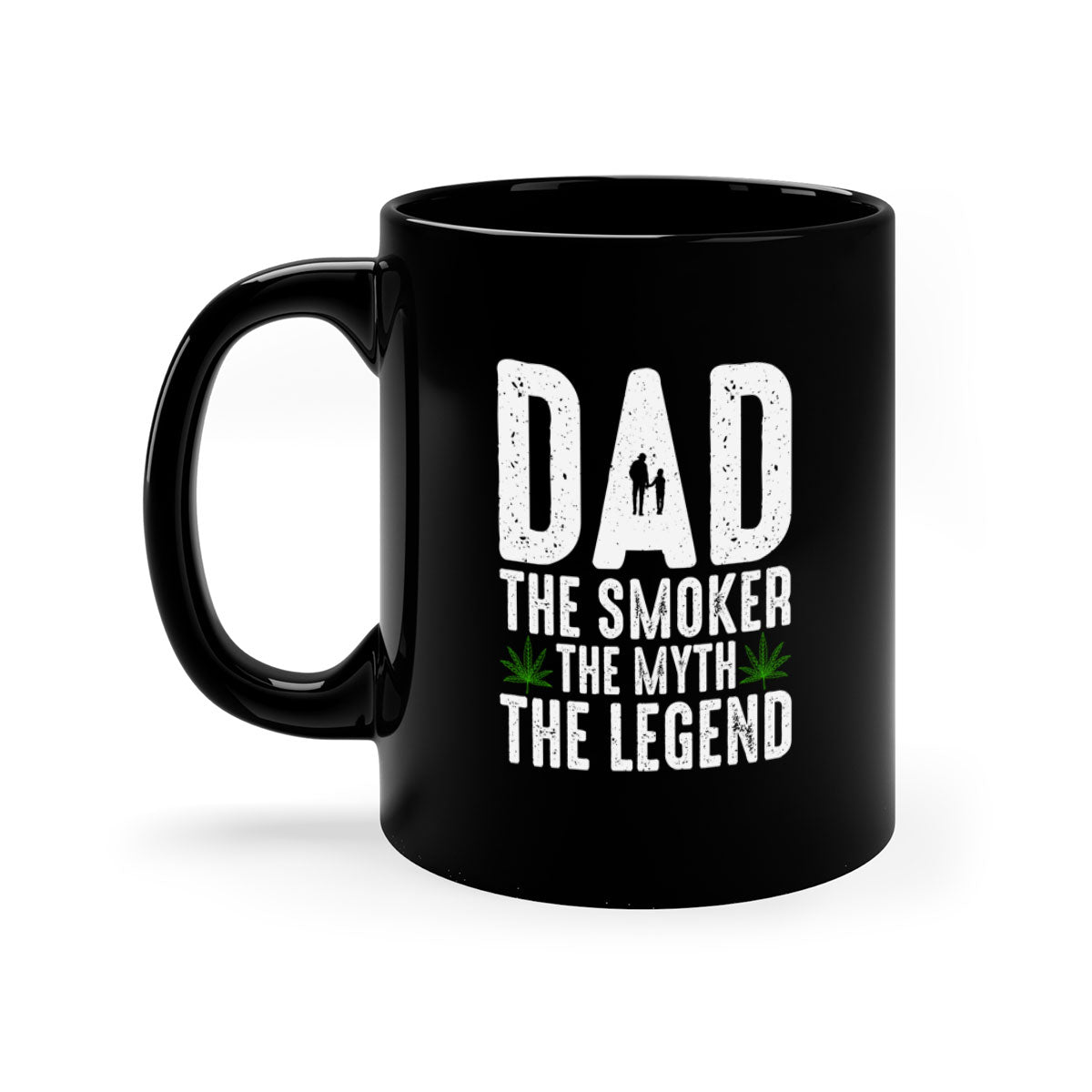 Ceramic coffee mug featuring 'Dad the Smoker, the Myth, the Legend' design with a glossy finish and colorful handle.