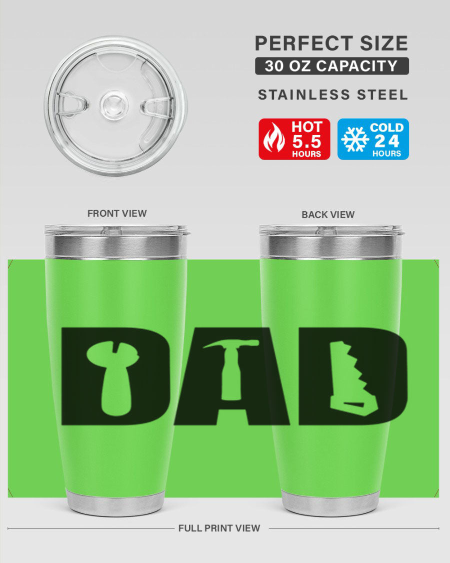 Dad Tools 59# Tumbler, a 20oz double wall vacuum stainless steel tumbler with a drink-thru lid, perfect for hot and cold beverages.