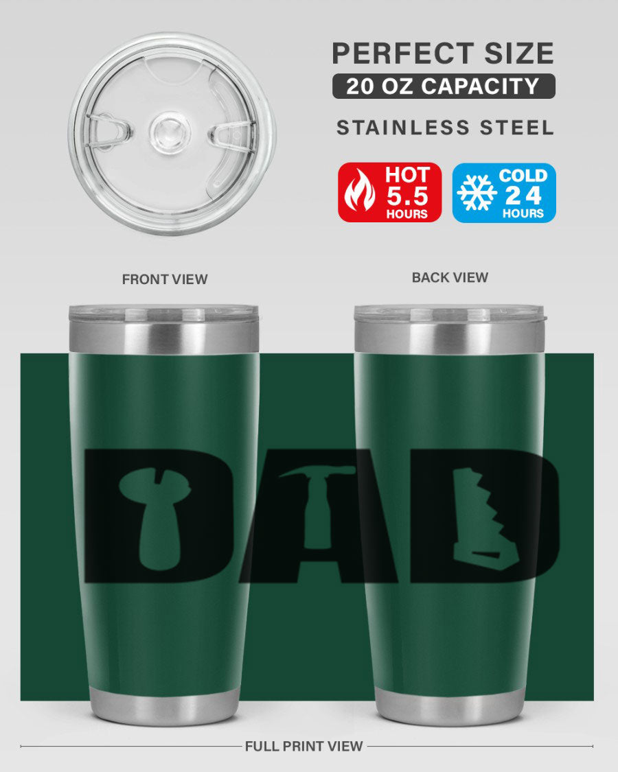 Dad Tools 59# Tumbler, a 20oz double wall vacuum stainless steel tumbler with a drink-thru lid, perfect for hot and cold beverages.