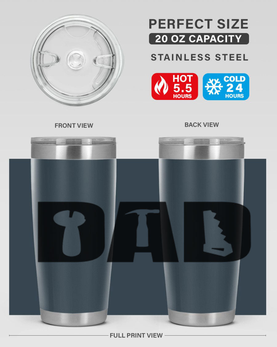 Dad Tools 59# Tumbler, a 20oz double wall vacuum stainless steel tumbler with a drink-thru lid, perfect for hot and cold beverages.