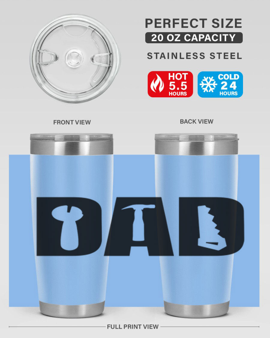 Dad Tools 59# Tumbler, a 20oz double wall vacuum stainless steel tumbler with a drink-thru lid, perfect for hot and cold beverages.