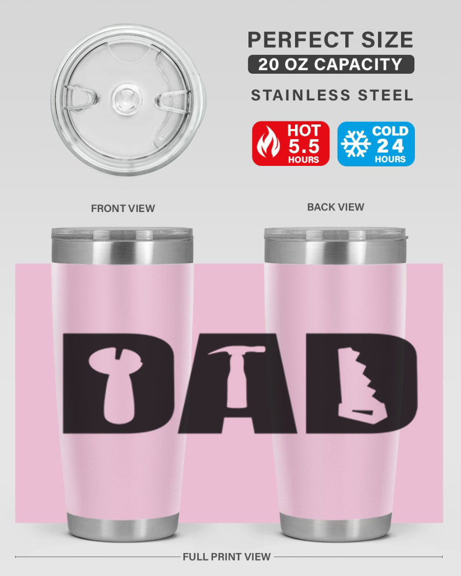 Dad Tools 59# Tumbler, a 20oz double wall vacuum stainless steel tumbler with a drink-thru lid, perfect for hot and cold beverages.