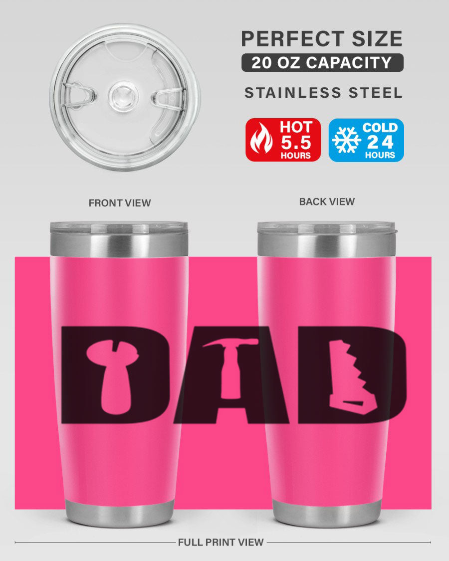 Dad Tools 59# Tumbler, a 20oz double wall vacuum stainless steel tumbler with a drink-thru lid, perfect for hot and cold beverages.