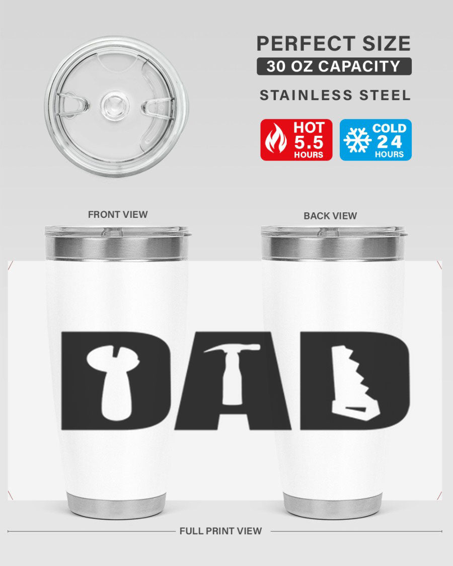 Dad Tools 59# Tumbler, a 20oz double wall vacuum stainless steel tumbler with a drink-thru lid, perfect for hot and cold beverages.