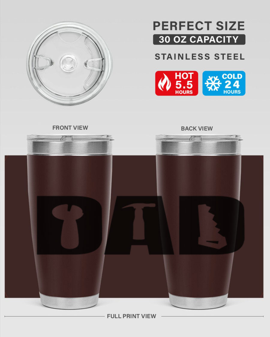 Dad Tools 59# Tumbler, a 20oz double wall vacuum stainless steel tumbler with a drink-thru lid, perfect for hot and cold beverages.