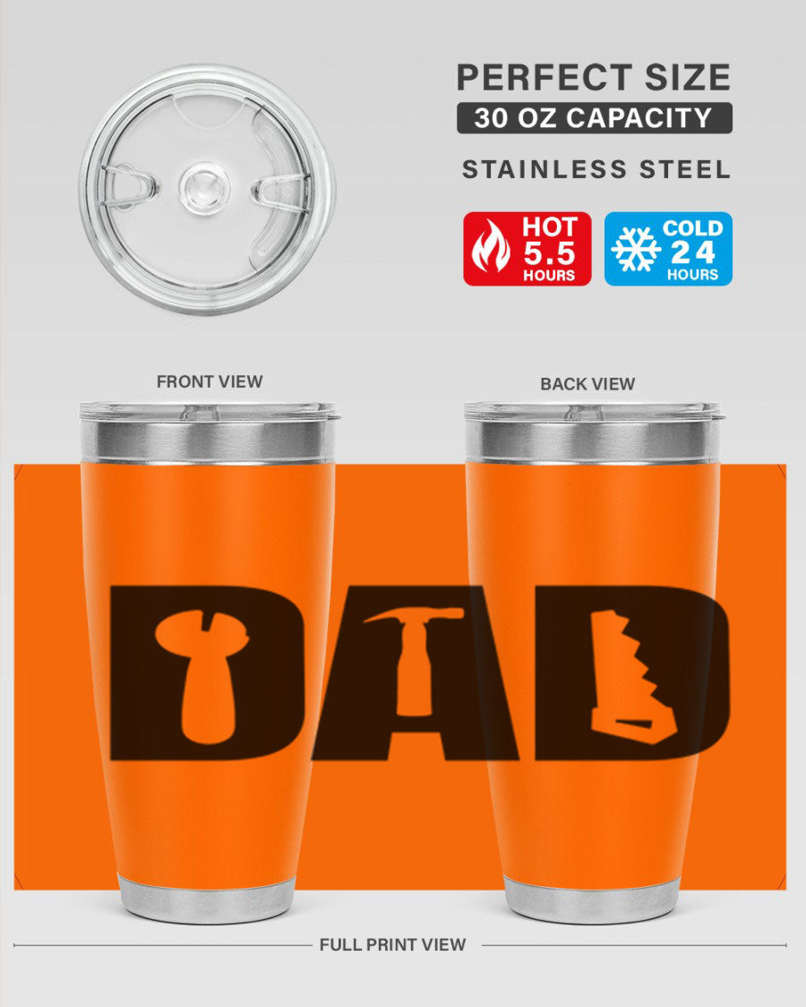 Dad Tools 59# Tumbler, a 20oz double wall vacuum stainless steel tumbler with a drink-thru lid, perfect for hot and cold beverages.
