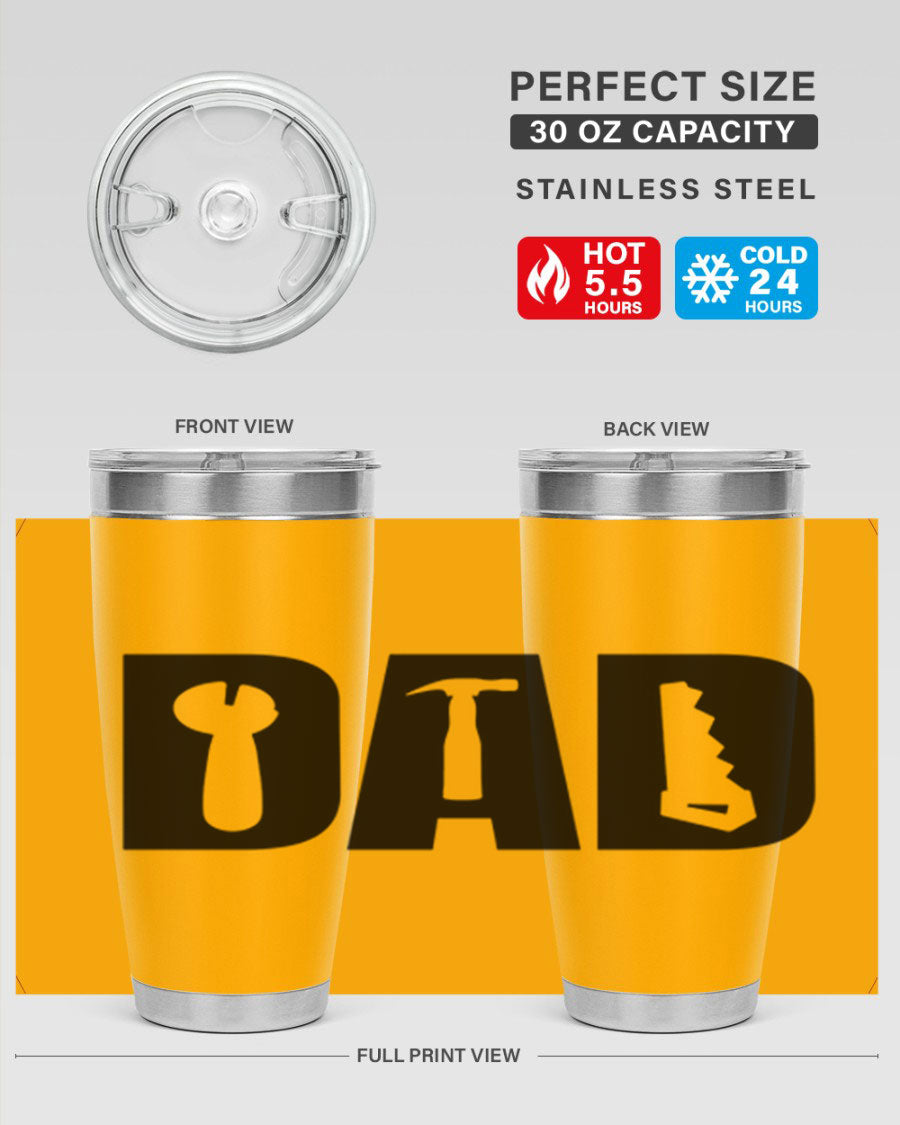 Dad Tools 59# Tumbler, a 20oz double wall vacuum stainless steel tumbler with a drink-thru lid, perfect for hot and cold beverages.