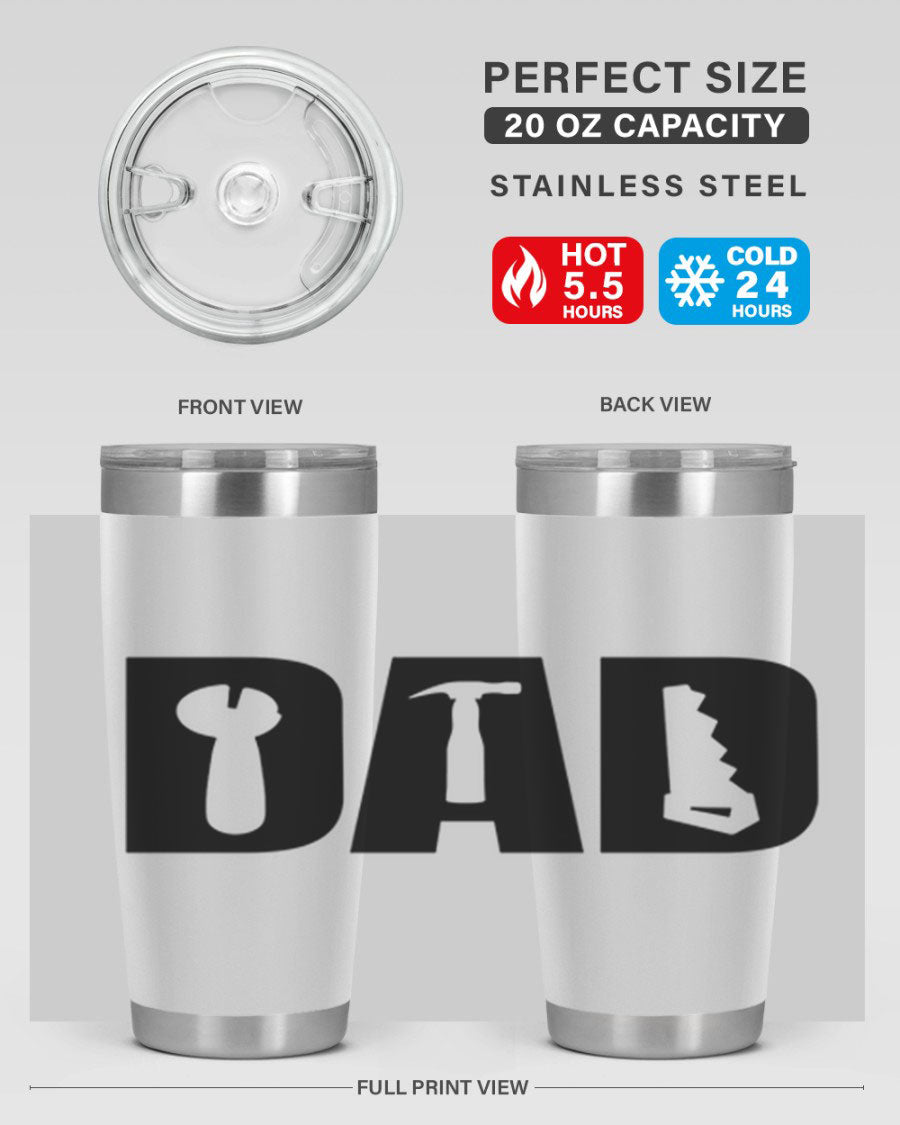 Dad Tools 59# Tumbler, a 20oz double wall vacuum stainless steel tumbler with a drink-thru lid, perfect for hot and cold beverages.