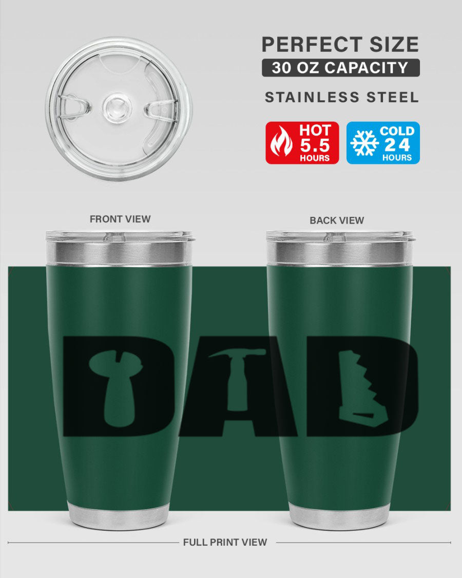 Dad Tools 59# Tumbler, a 20oz double wall vacuum stainless steel tumbler with a drink-thru lid, perfect for hot and cold beverages.