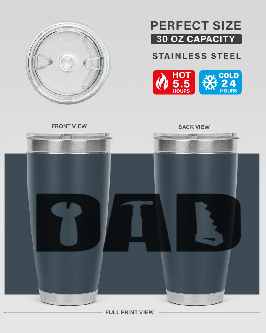 Dad Tools 59# Tumbler, a 20oz double wall vacuum stainless steel tumbler with a drink-thru lid, perfect for hot and cold beverages.