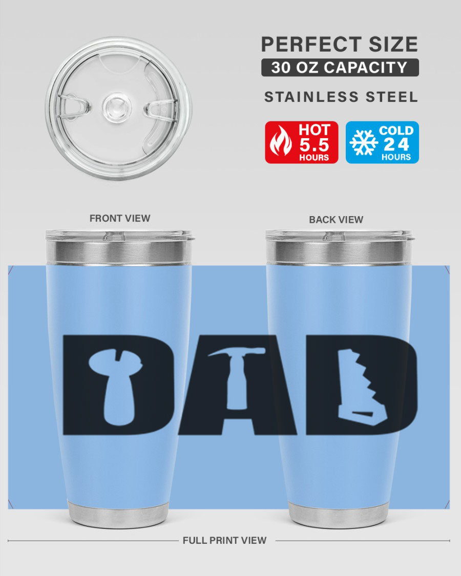 Dad Tools 59# Tumbler, a 20oz double wall vacuum stainless steel tumbler with a drink-thru lid, perfect for hot and cold beverages.