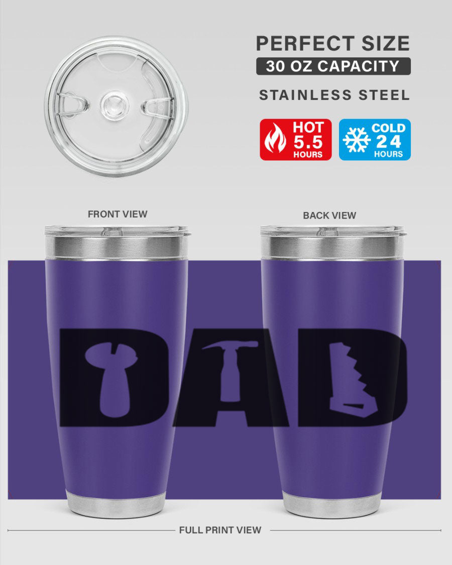 Dad Tools 59# Tumbler, a 20oz double wall vacuum stainless steel tumbler with a drink-thru lid, perfect for hot and cold beverages.