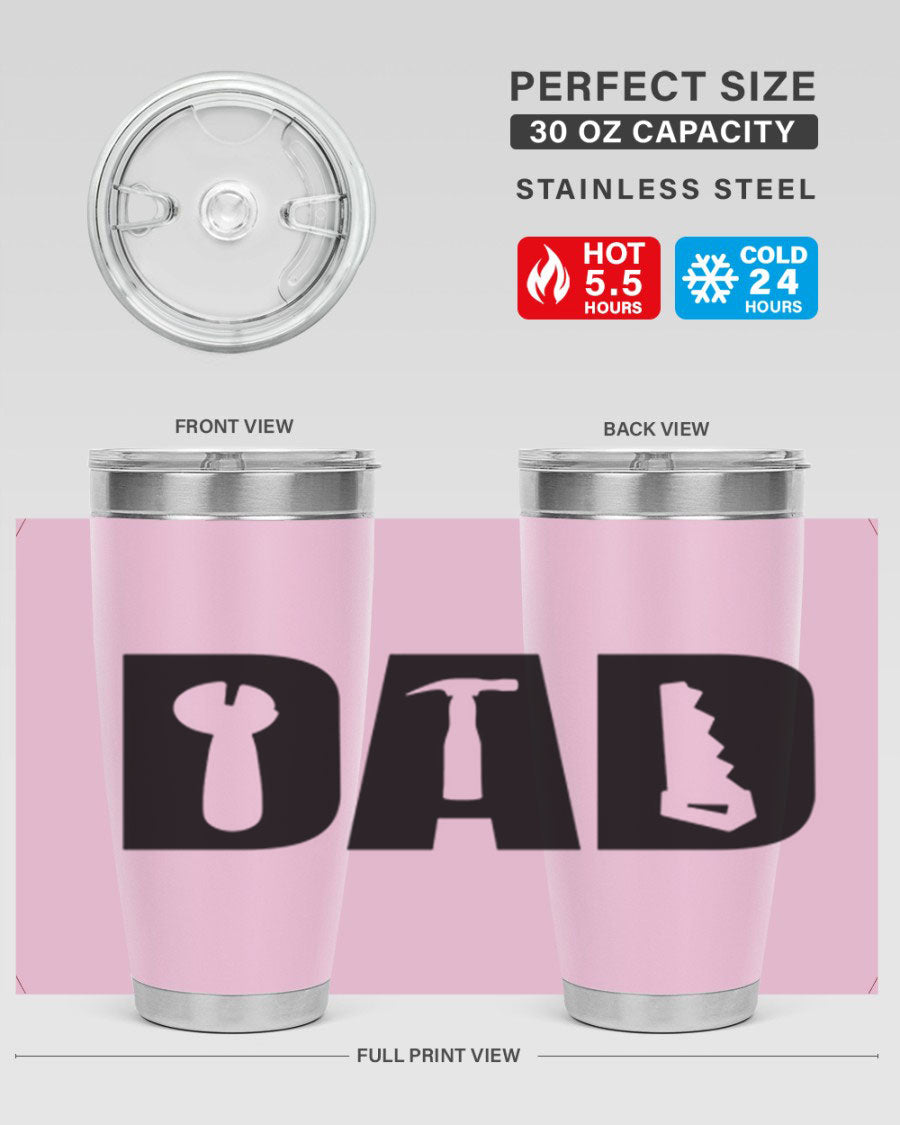 Dad Tools 59# Tumbler, a 20oz double wall vacuum stainless steel tumbler with a drink-thru lid, perfect for hot and cold beverages.
