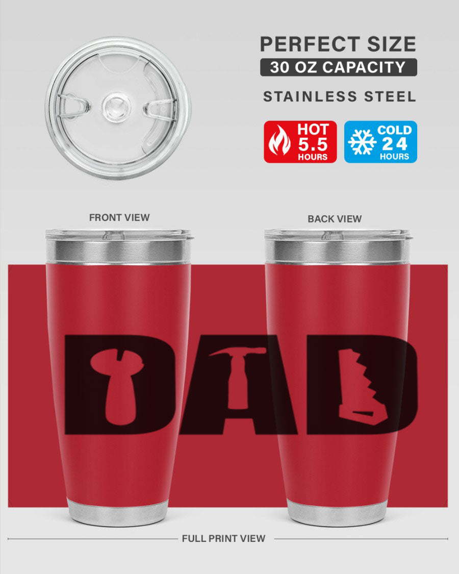Dad Tools 59# Tumbler, a 20oz double wall vacuum stainless steel tumbler with a drink-thru lid, perfect for hot and cold beverages.