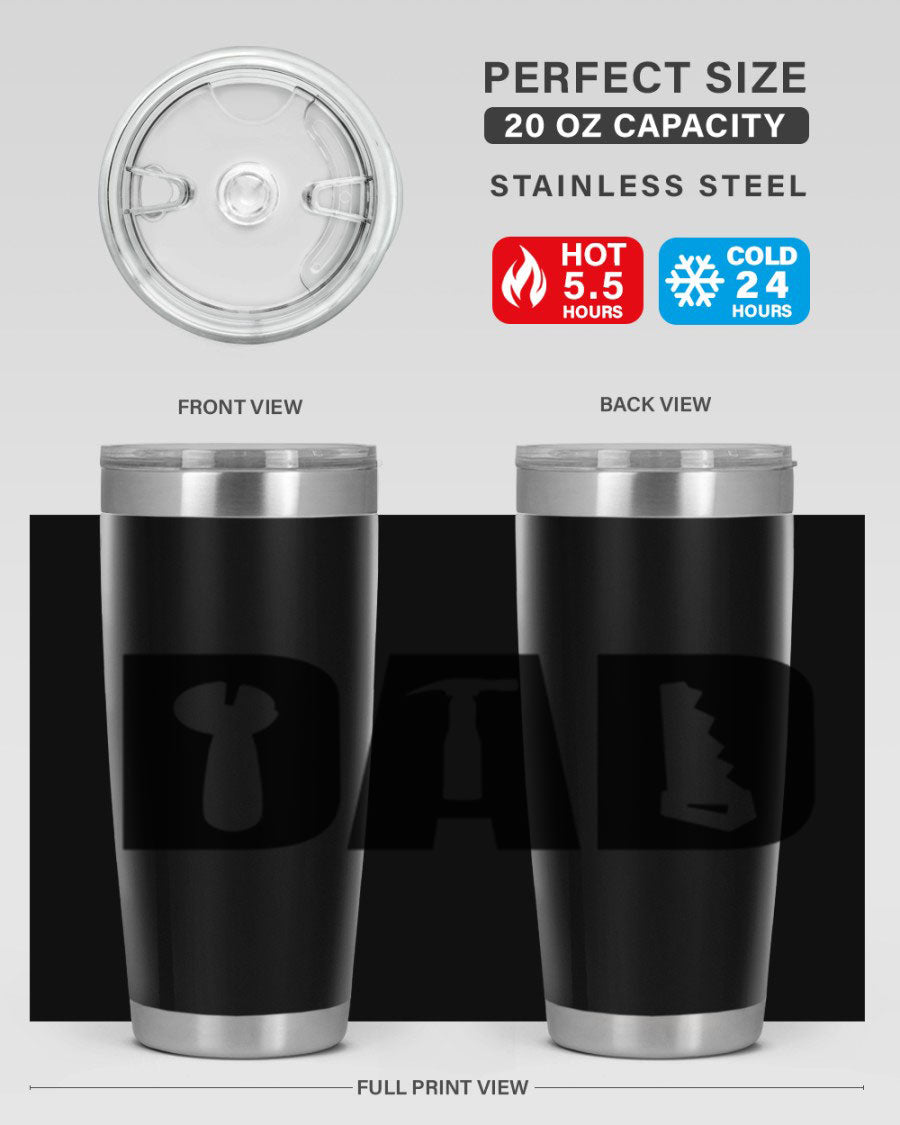 Dad Tools 59# Tumbler, a 20oz double wall vacuum stainless steel tumbler with a drink-thru lid, perfect for hot and cold beverages.