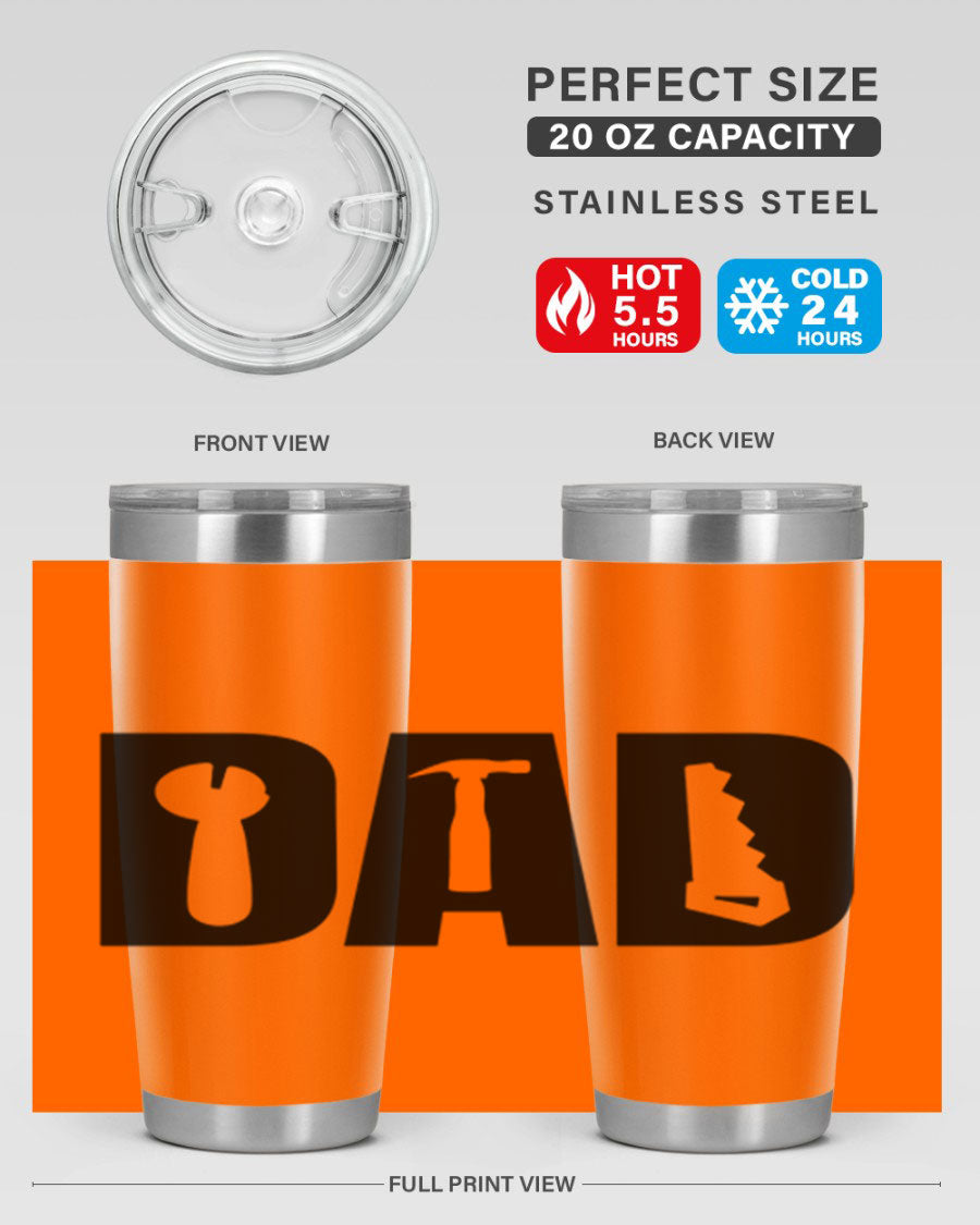 Dad Tools 59# Tumbler, a 20oz double wall vacuum stainless steel tumbler with a drink-thru lid, perfect for hot and cold beverages.