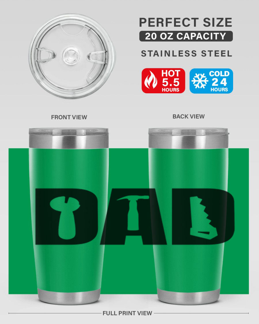 Dad Tools 59# Tumbler, a 20oz double wall vacuum stainless steel tumbler with a drink-thru lid, perfect for hot and cold beverages.
