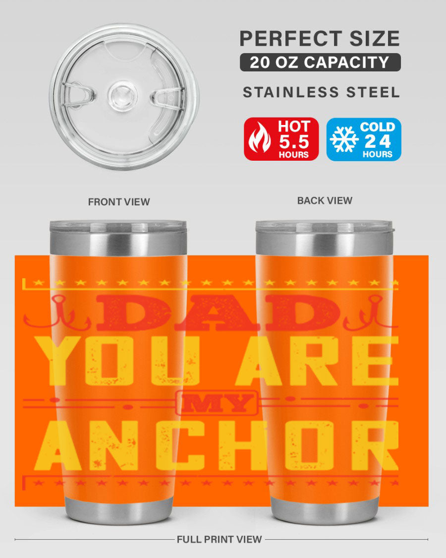 A stylish 'Dad You Are My Anchor' tumbler in 20oz and 30oz sizes, made of stainless steel with a copper lining, perfect for Father's Day gifts.
