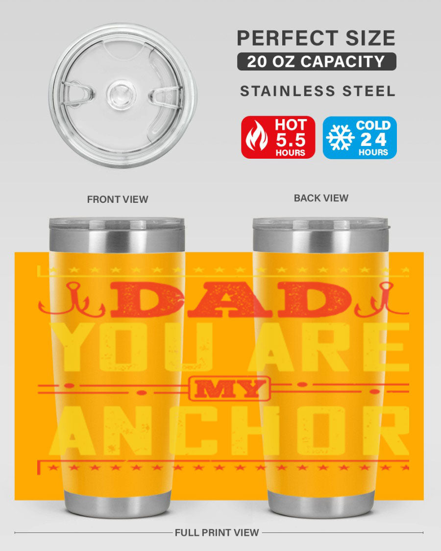 A stylish 'Dad You Are My Anchor' tumbler in 20oz and 30oz sizes, made of stainless steel with a copper lining, perfect for Father's Day gifts.