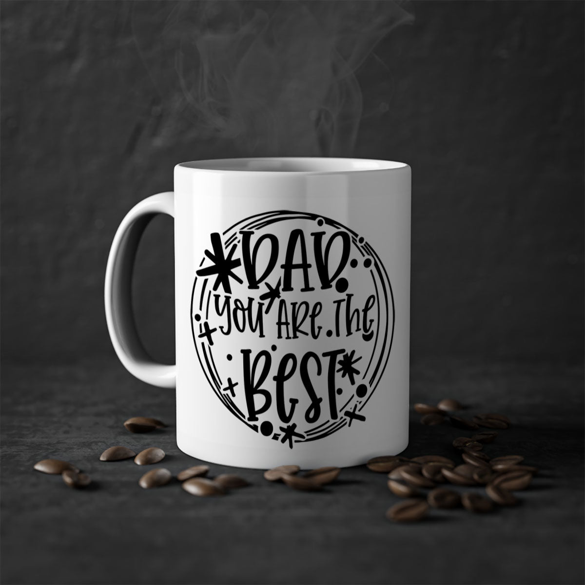 Ceramic coffee mug with 'Dad You Are The Best' design, featuring a glossy finish and colored handle, available in multiple colors.