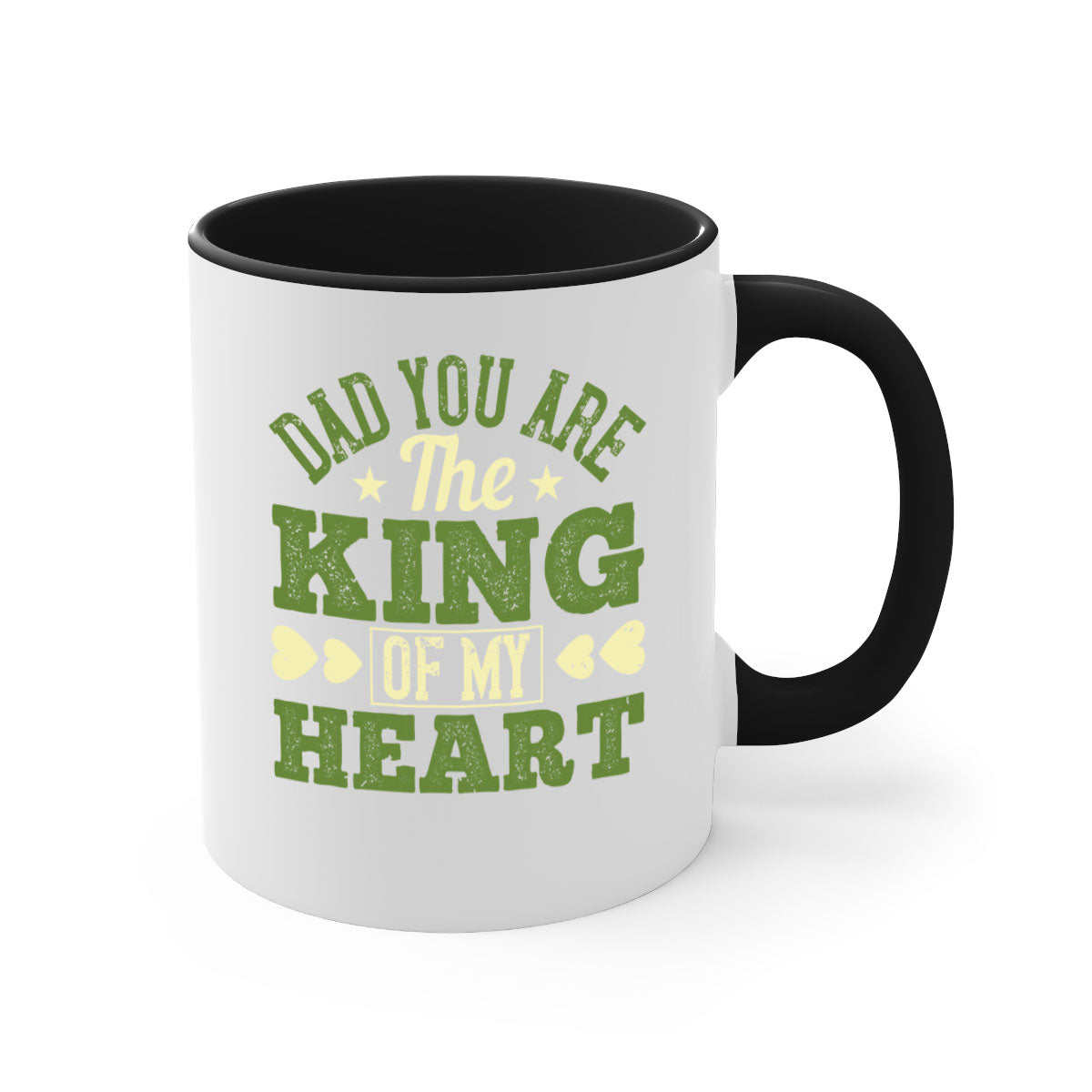 Ceramic coffee mug with a glossy finish, featuring the text 'Dad You Are the King of My Heart' and a colorful handle, available in multiple colors.