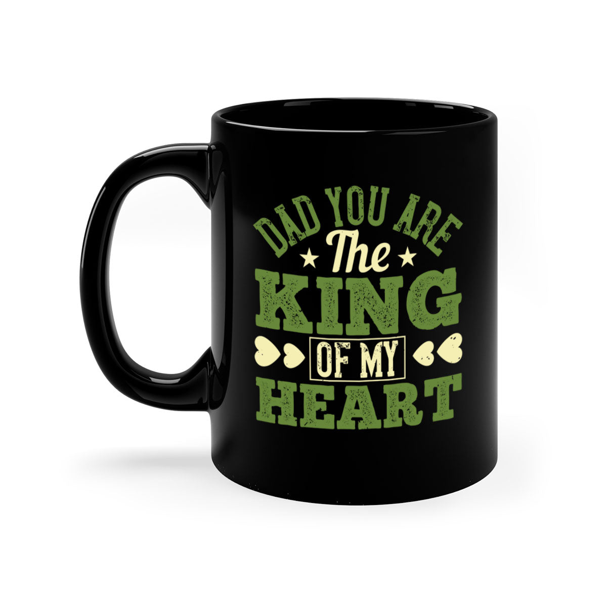 Ceramic coffee mug with a glossy finish, featuring the text 'Dad You Are the King of My Heart' and a colorful handle, available in multiple colors.