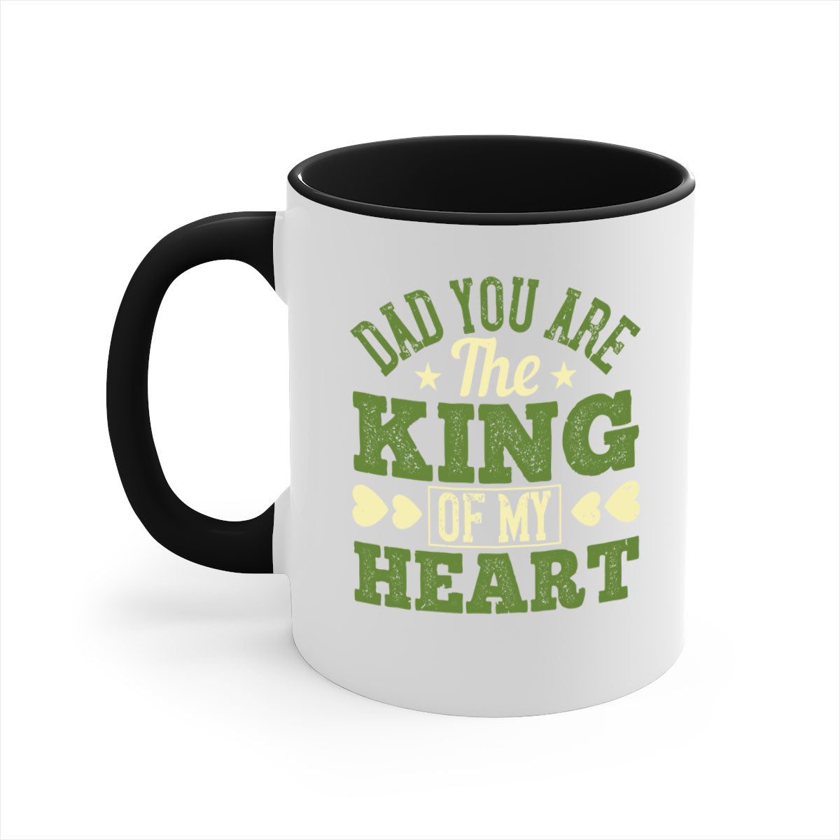 Ceramic coffee mug with a glossy finish, featuring the text 'Dad You Are the King of My Heart' and a colorful handle, available in multiple colors.