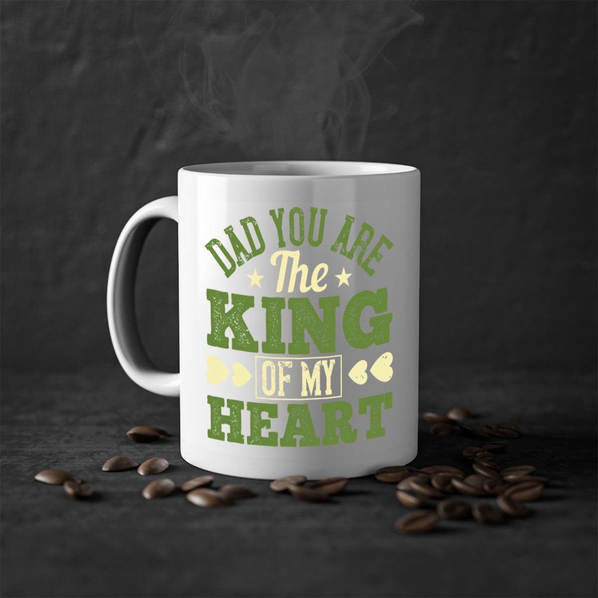 Ceramic coffee mug with a glossy finish, featuring the text 'Dad You Are the King of My Heart' and a colorful handle, available in multiple colors.