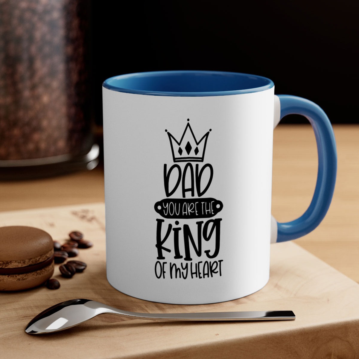 Ceramic coffee mug with 'Dad You Are the King of My Heart' design, featuring a colored handle and glossy finish.