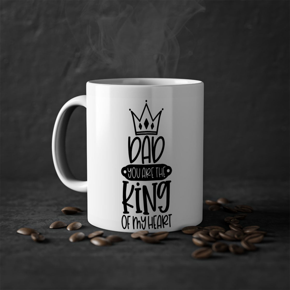 Ceramic coffee mug with 'Dad You Are the King of My Heart' design, featuring a colored handle and glossy finish.