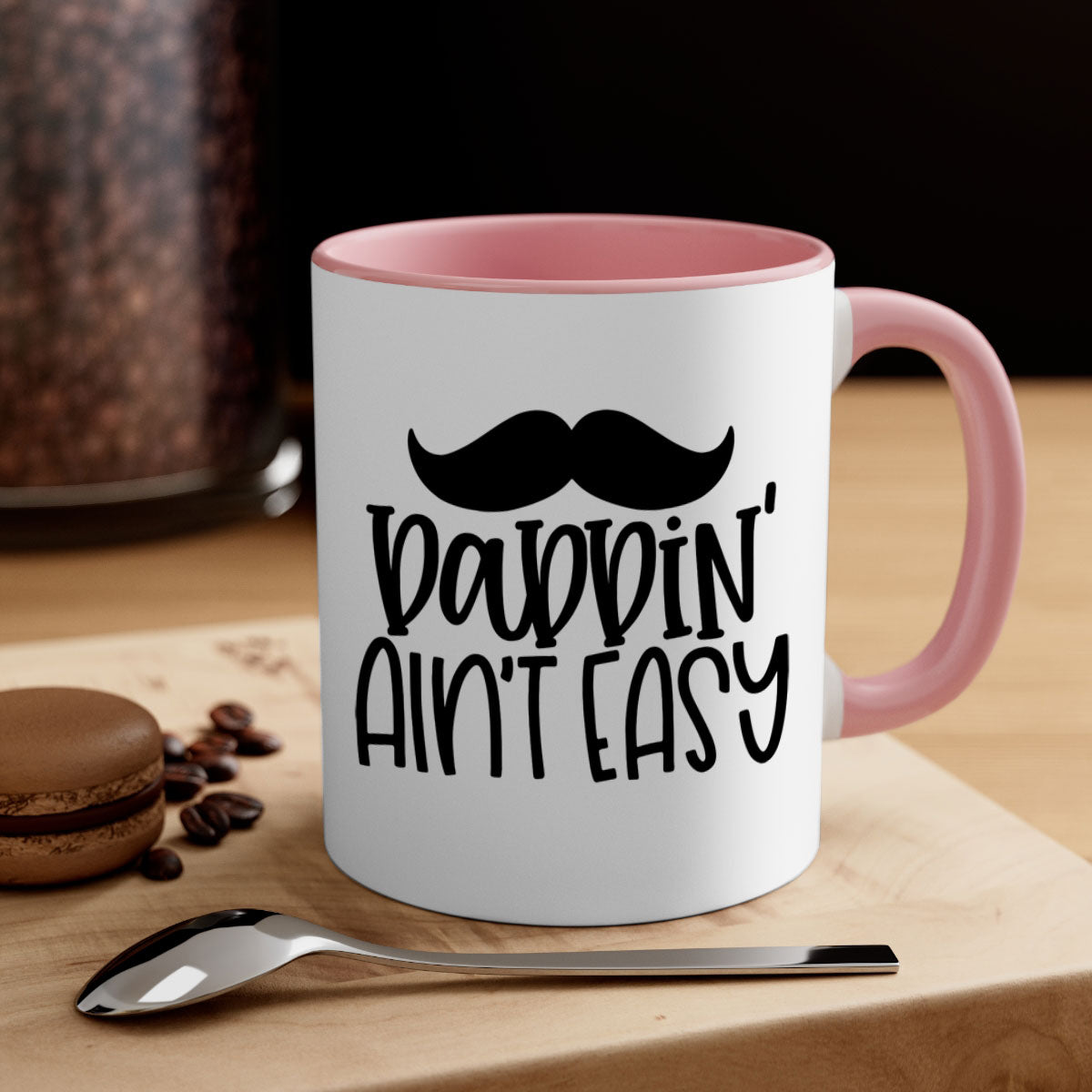 Daddin Ain't Easy 55# Mug featuring a glossy finish with a colored handle and interior, available in multiple colors.