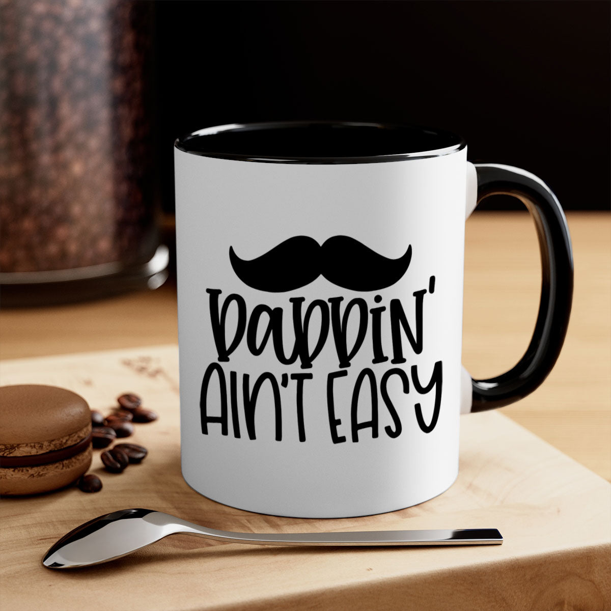 Daddin Ain't Easy 55# Mug featuring a glossy finish with a colored handle and interior, available in multiple colors.