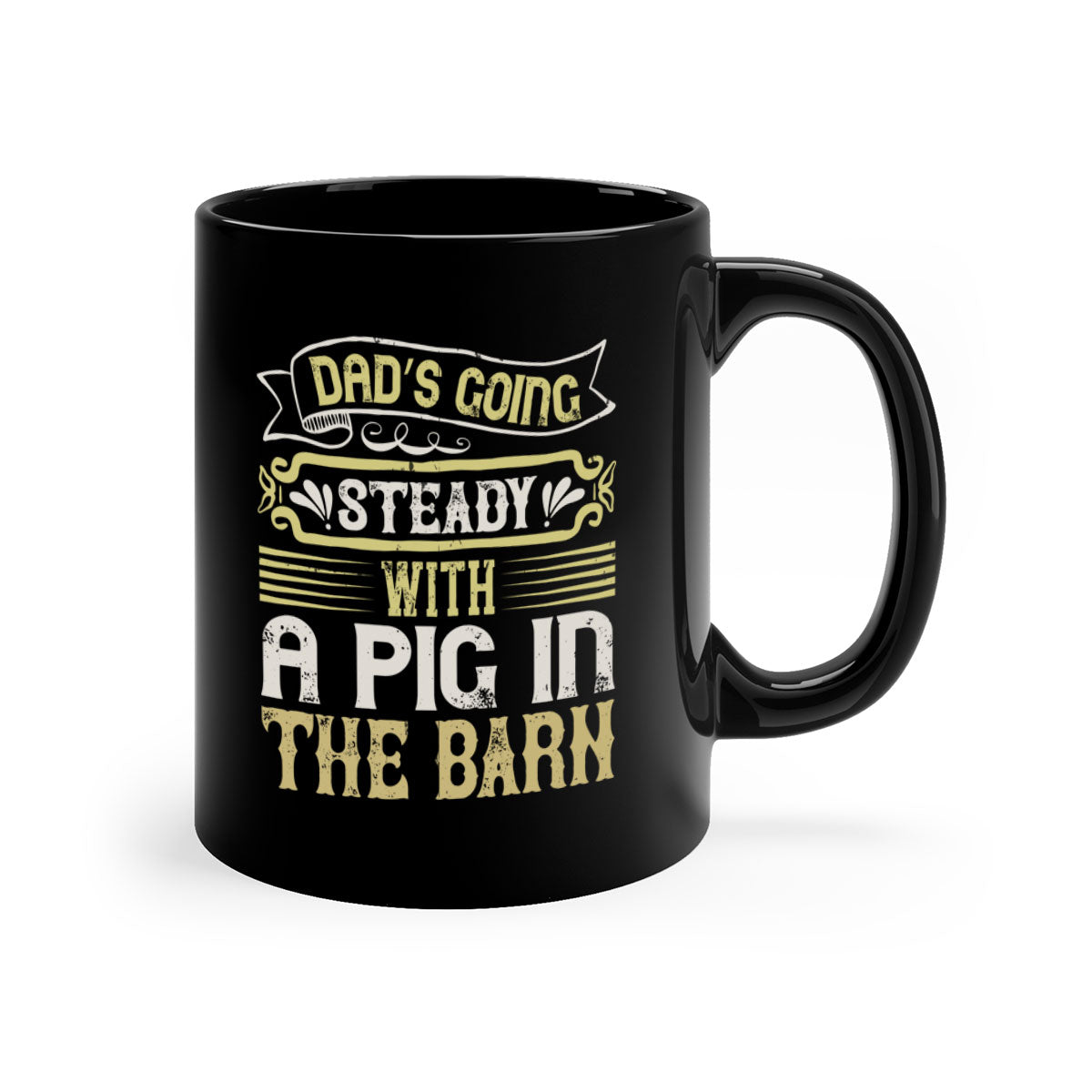 A two-tone ceramic coffee mug featuring a whimsical design of a pig in a barn, available in multiple colors with a glossy finish.