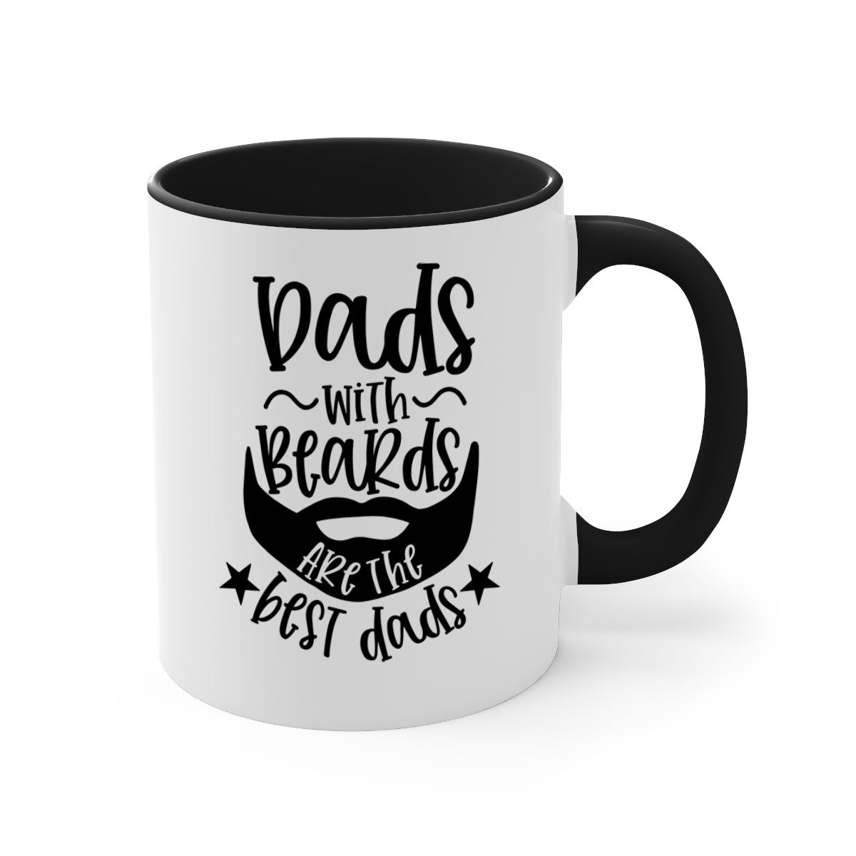 Ceramic coffee mug with 'Dads with Beards Are the Best Dads' design, featuring a glossy finish and colored handle, available in multiple colors.