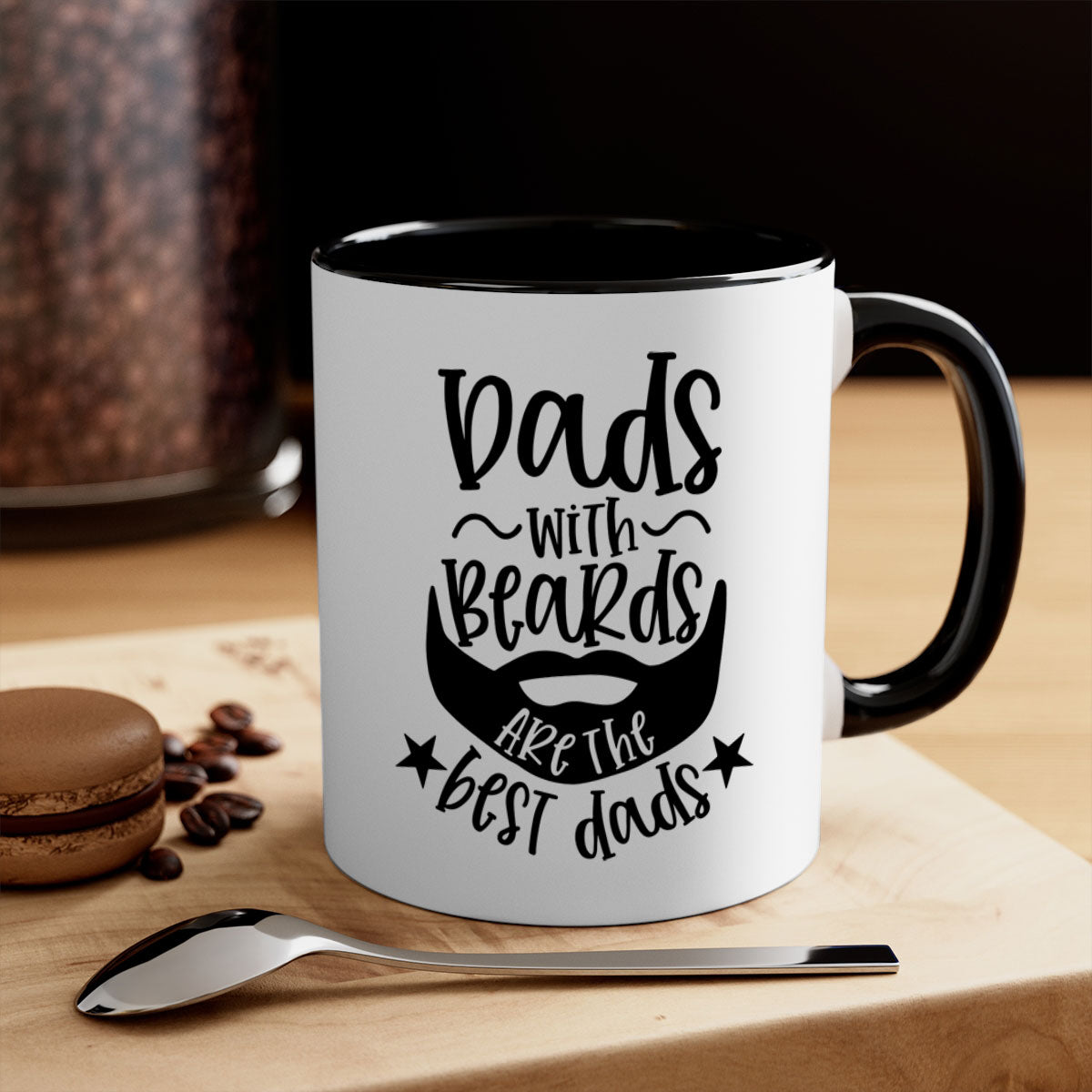 Ceramic coffee mug with 'Dads with Beards Are the Best Dads' design, featuring a glossy finish and colored handle, available in multiple colors.