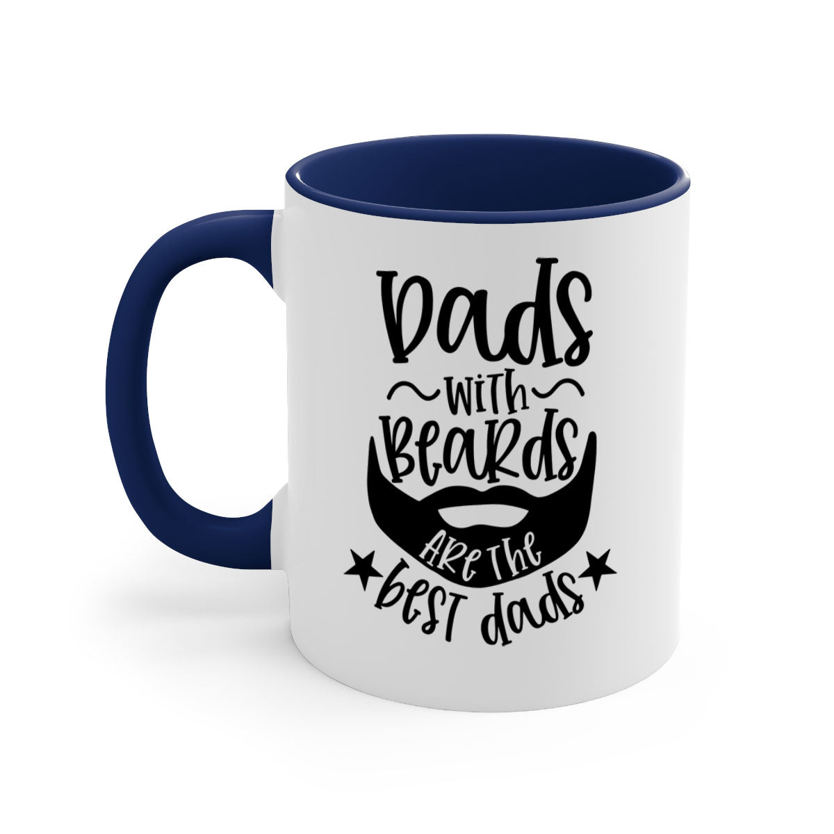 Ceramic coffee mug with 'Dads with Beards Are the Best Dads' design, featuring a glossy finish and colored handle, available in multiple colors.