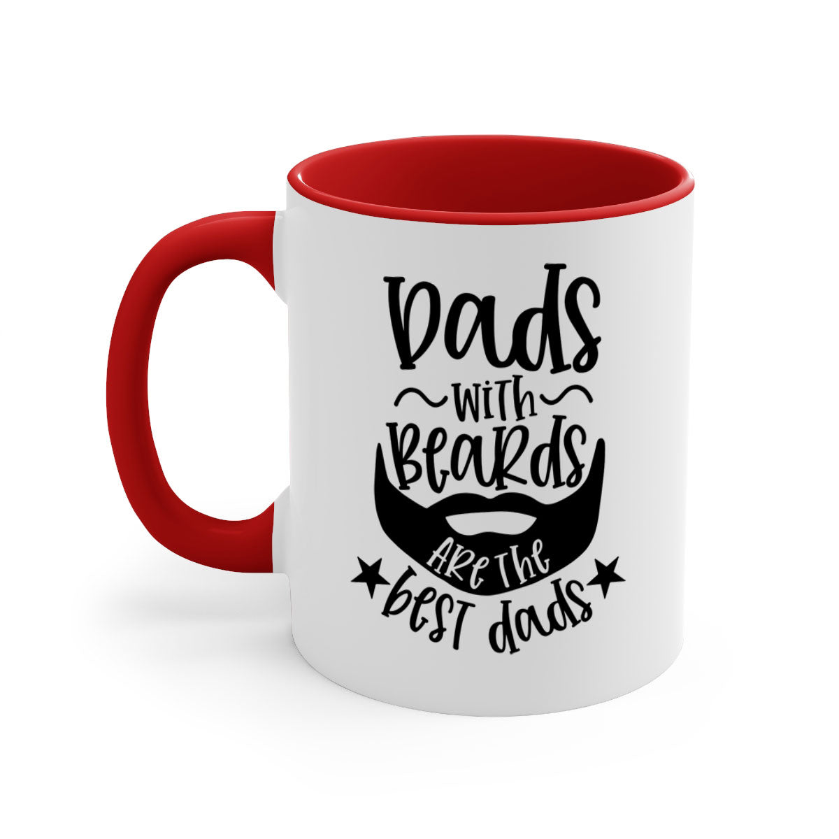 Ceramic coffee mug with 'Dads with Beards Are the Best Dads' design, featuring a glossy finish and colored handle, available in multiple colors.