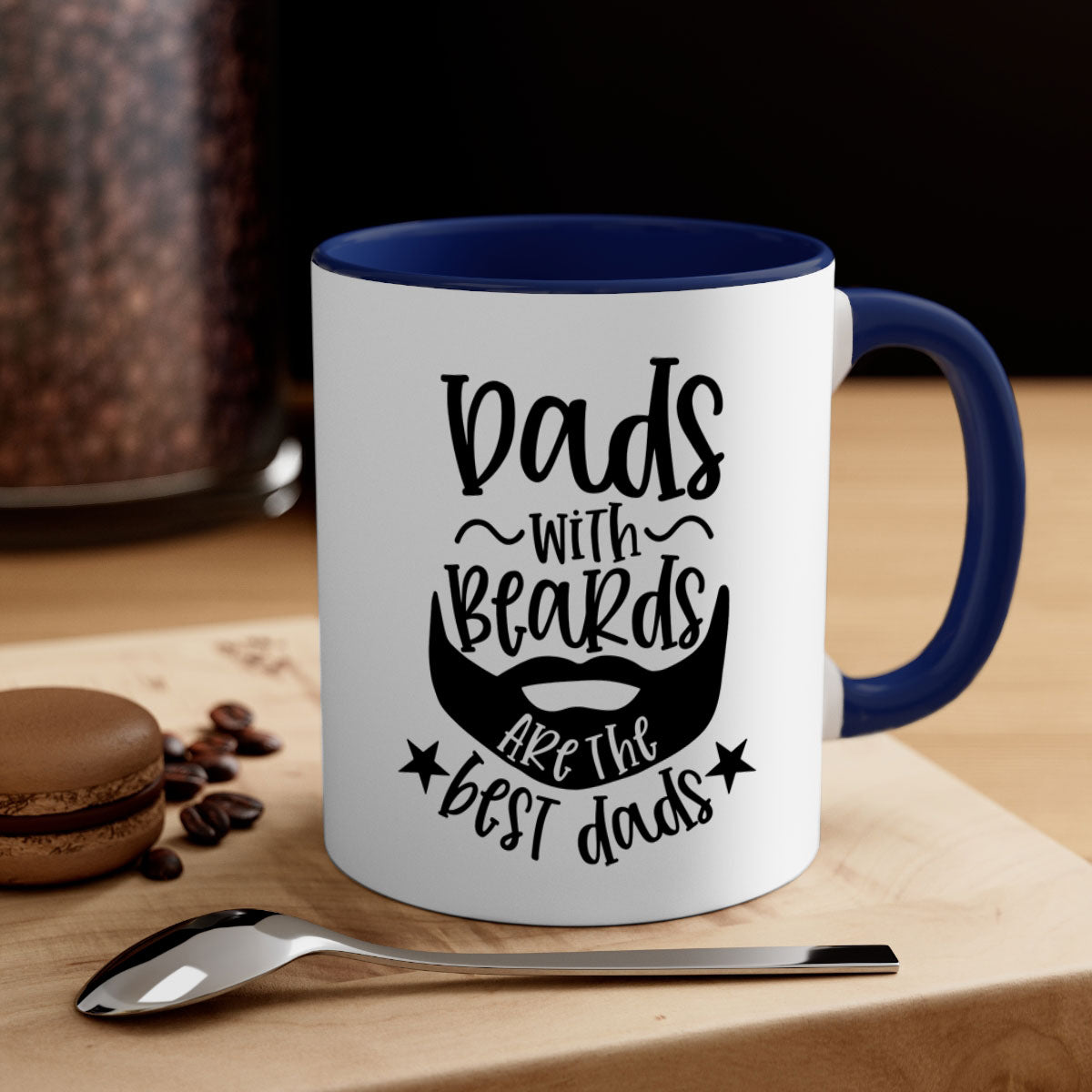 Ceramic coffee mug with 'Dads with Beards Are the Best Dads' design, featuring a glossy finish and colored handle, available in multiple colors.