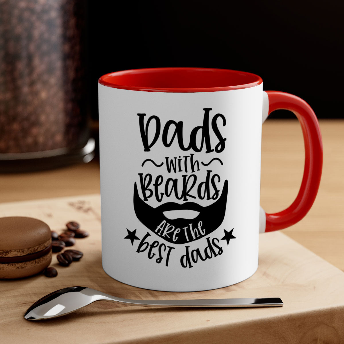 Ceramic coffee mug with 'Dads with Beards Are the Best Dads' design, featuring a glossy finish and colored handle, available in multiple colors.