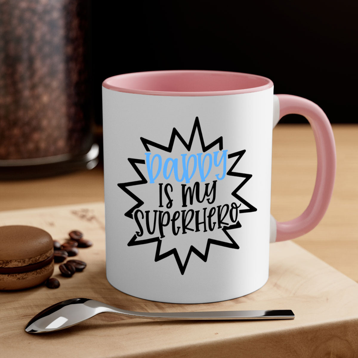 Daddy Is My Superhero Style 101# Mug with colorful handle and glossy finish, available in multiple colors.