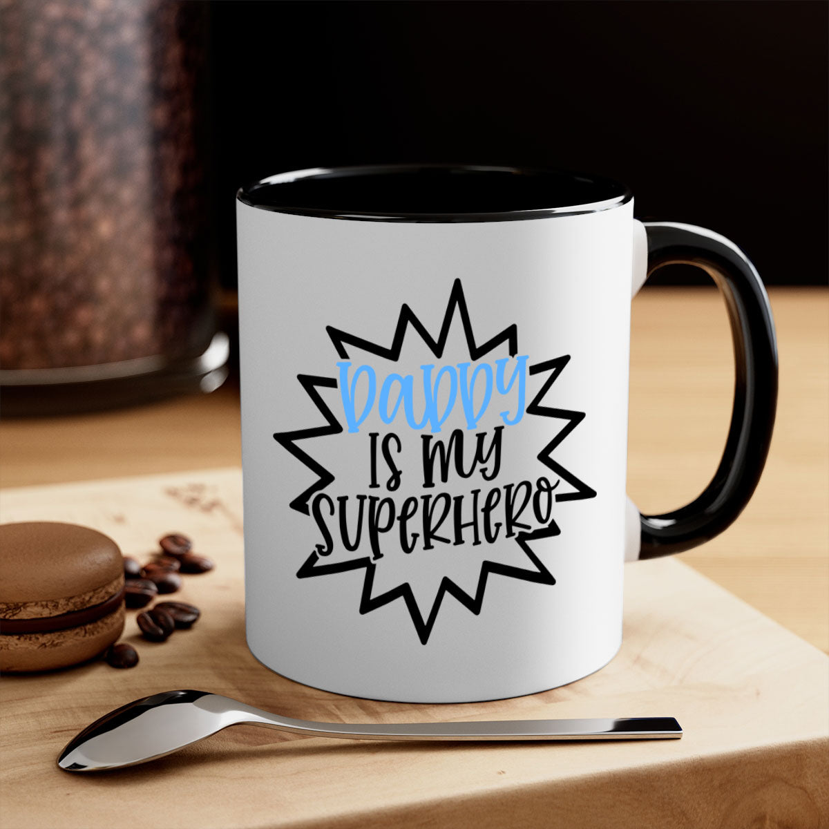 Daddy Is My Superhero Style 101# Mug with colorful handle and glossy finish, available in multiple colors.