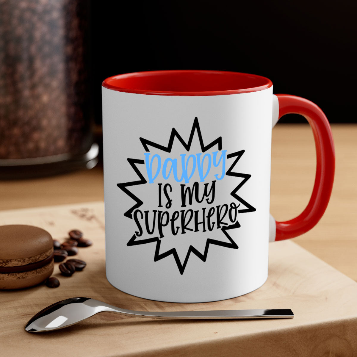 Daddy Is My Superhero Style 101# Mug with colorful handle and glossy finish, available in multiple colors.