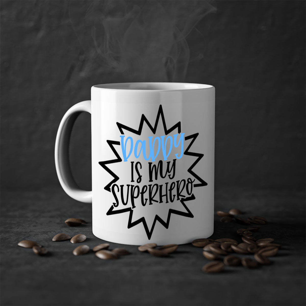 Daddy Is My Superhero Style 101# Mug with colorful handle and glossy finish, available in multiple colors.