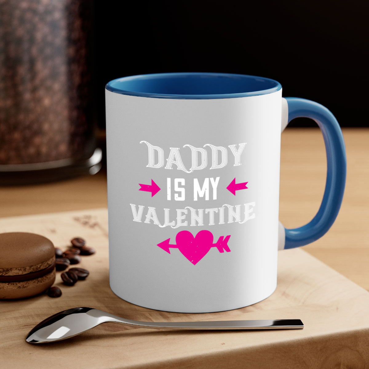 Ceramic 'Daddy is my Valentine' mug with colorful handle and glossy finish, perfect for coffee or tea.