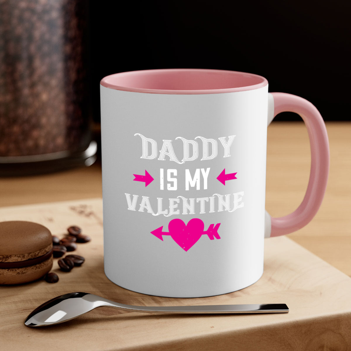 Ceramic 'Daddy is my Valentine' mug with colorful handle and glossy finish, perfect for coffee or tea.